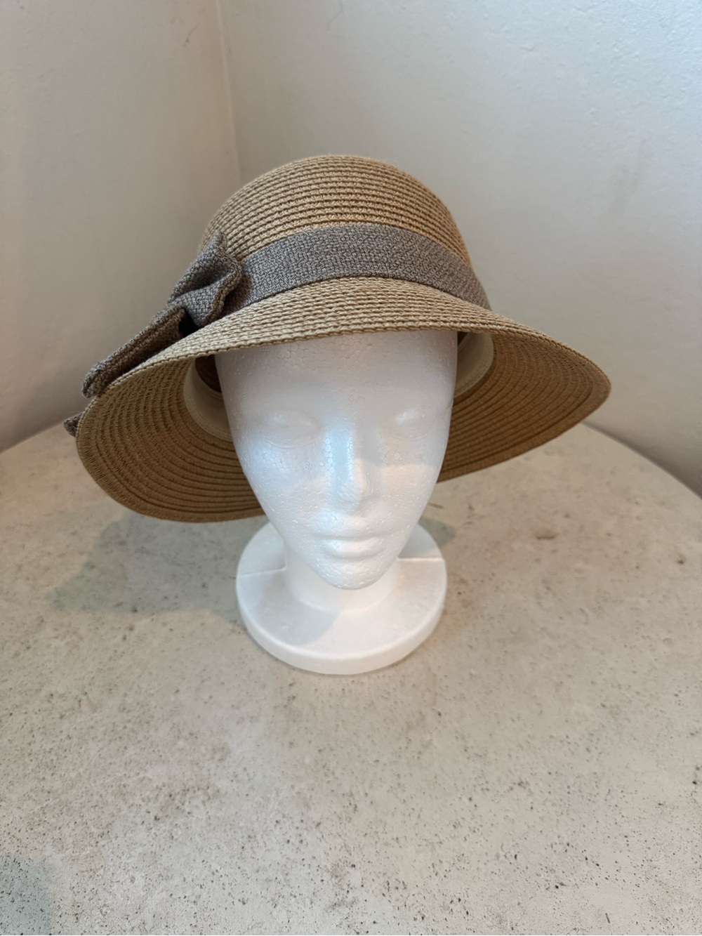 Tan Straw Sun Hat with Taupe Ribbon